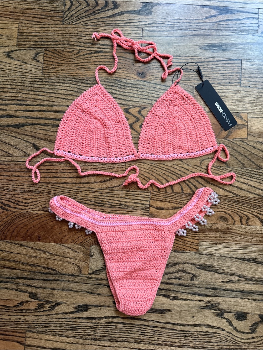 Fashion Nova Pink Crochet Bikini Set with Bead Trim